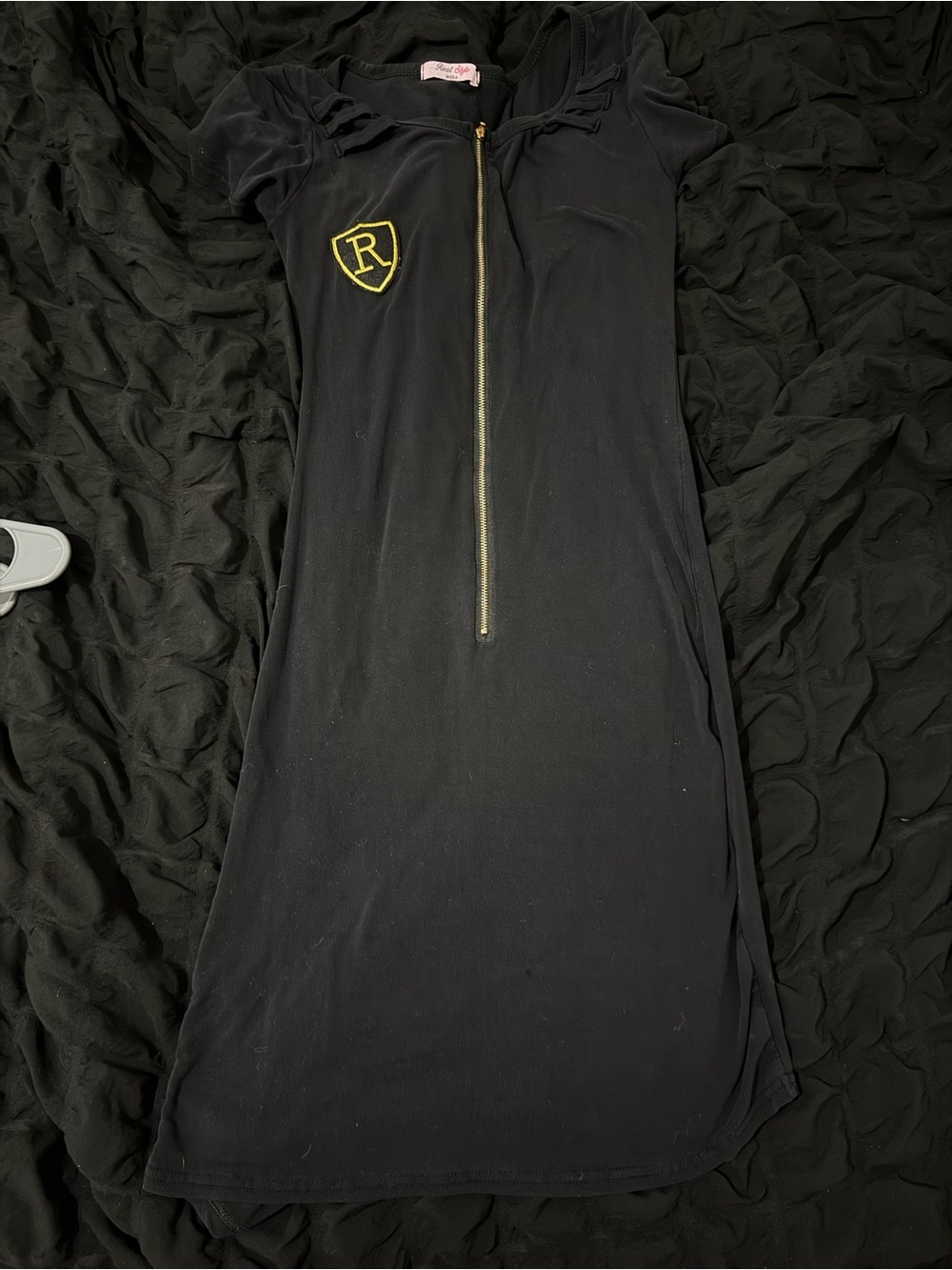 Black Midi Zip-Front Dress with Yellow Crest Detail